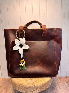 White Flower Daisy Purse Charm Genuine Leather Flower White Bag Charm NEW!